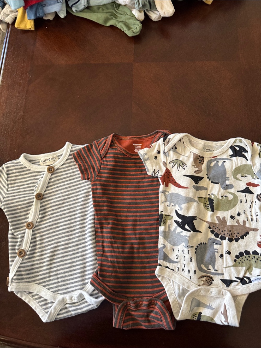 3-Pack Baby Bodysuits - Stripes & Dino Print (Gray, Rust, Cream)